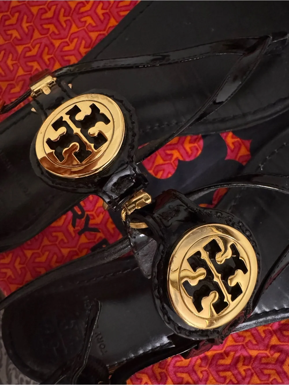 Tory Burch Black Leather Thong Sandals with Gold Logo Medallions